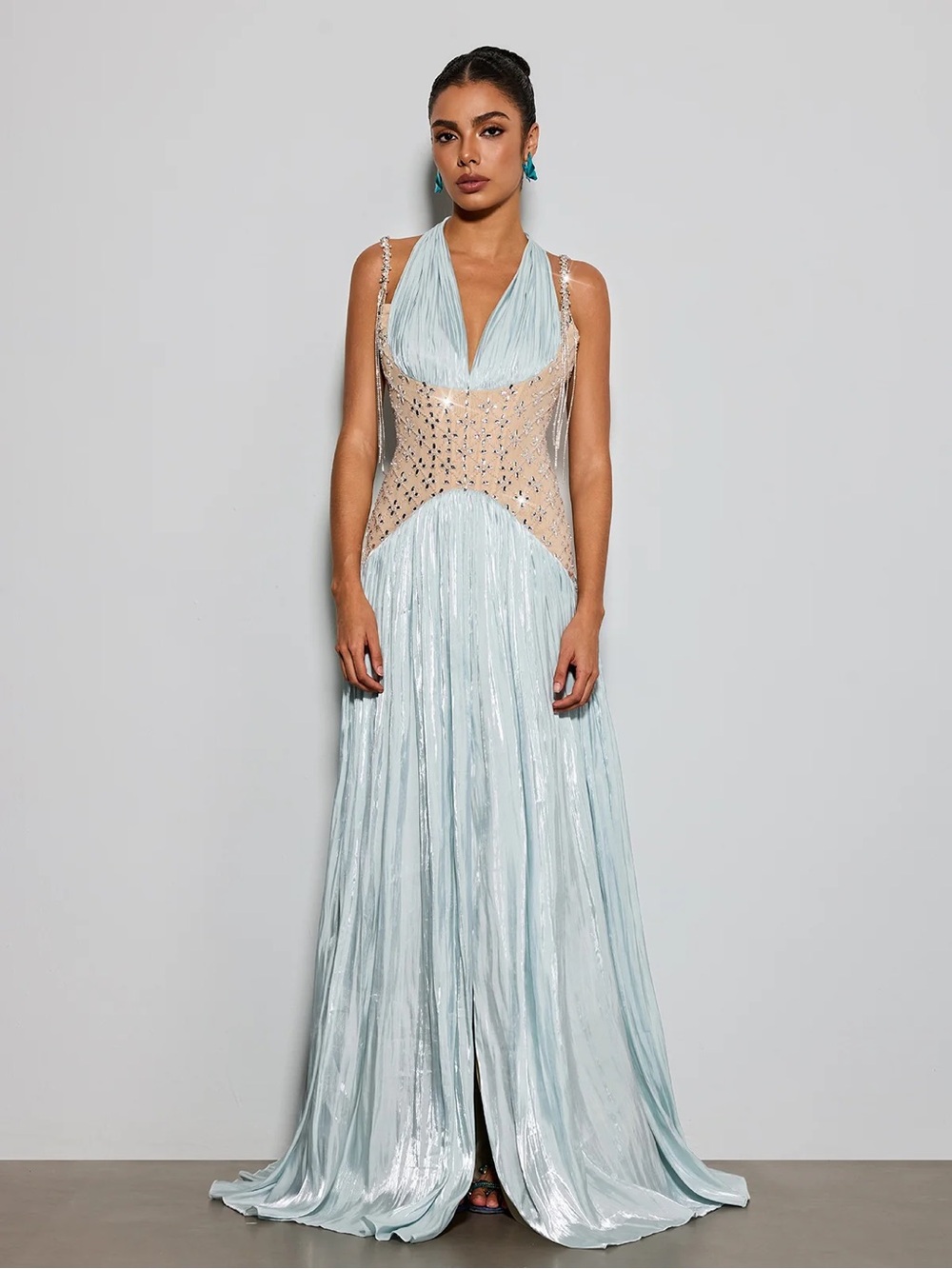Icy Blue Plunging Halter Maxi Gown with Sheer Embellished Waist